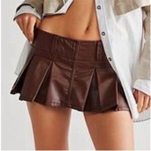 Free People 12 Skort Vegan Leather Pleated Micro Mini Skort Someday skirt brown